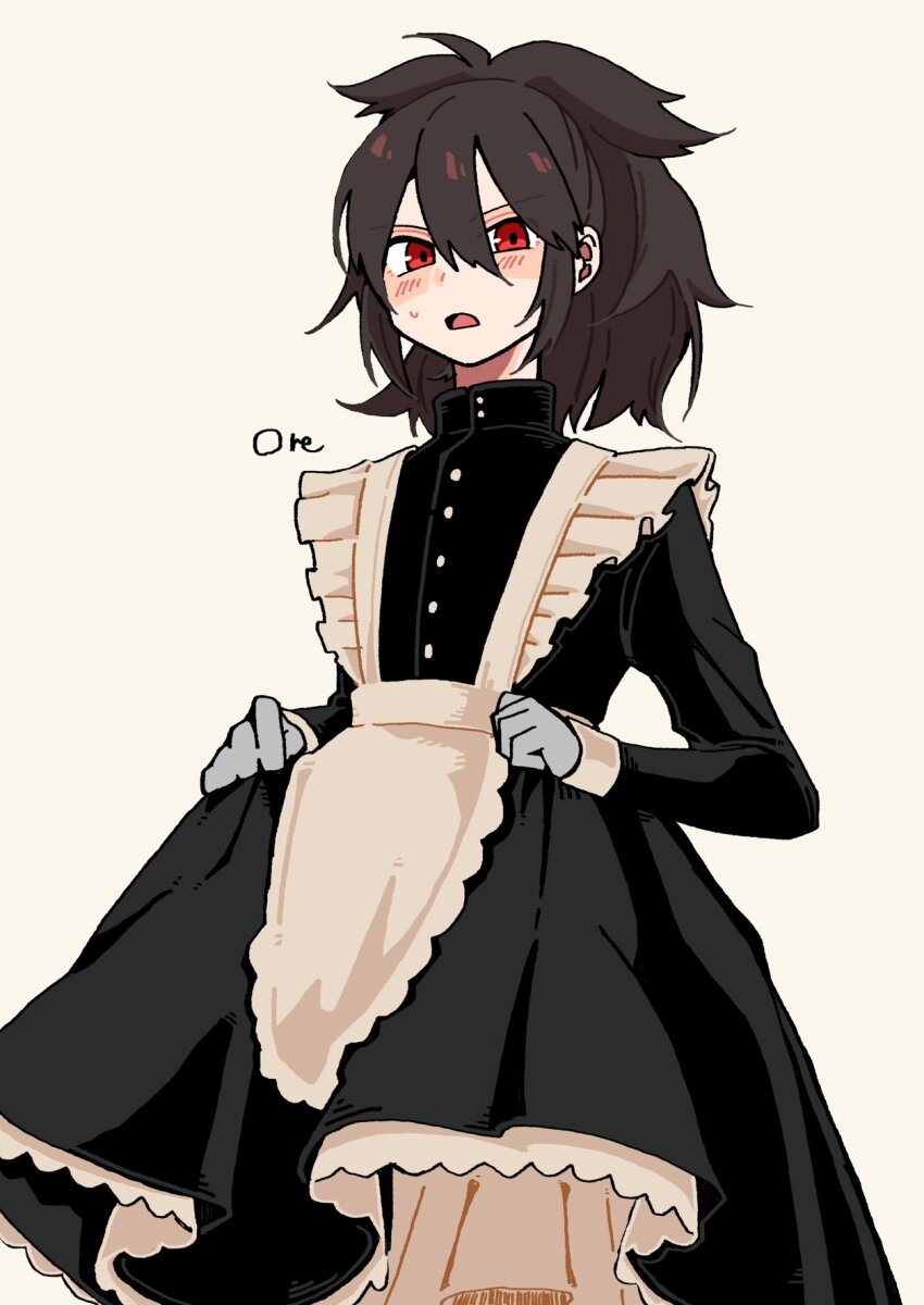 1girl alternate_costume apron artist_name black_dress black_hair blush buttons dress enmaided fate/grand_order fate_(series) frills gloves goma1021 hair_between_eyes highres koha-ace long_sleeves looking_at_viewer maid maid_apron medium_hair oda_nobunaga_(fate) oda_nobunaga_(koha-ace) open_mouth red_eyes simple_background solo sweatdrop white_apron white_background white_gloves