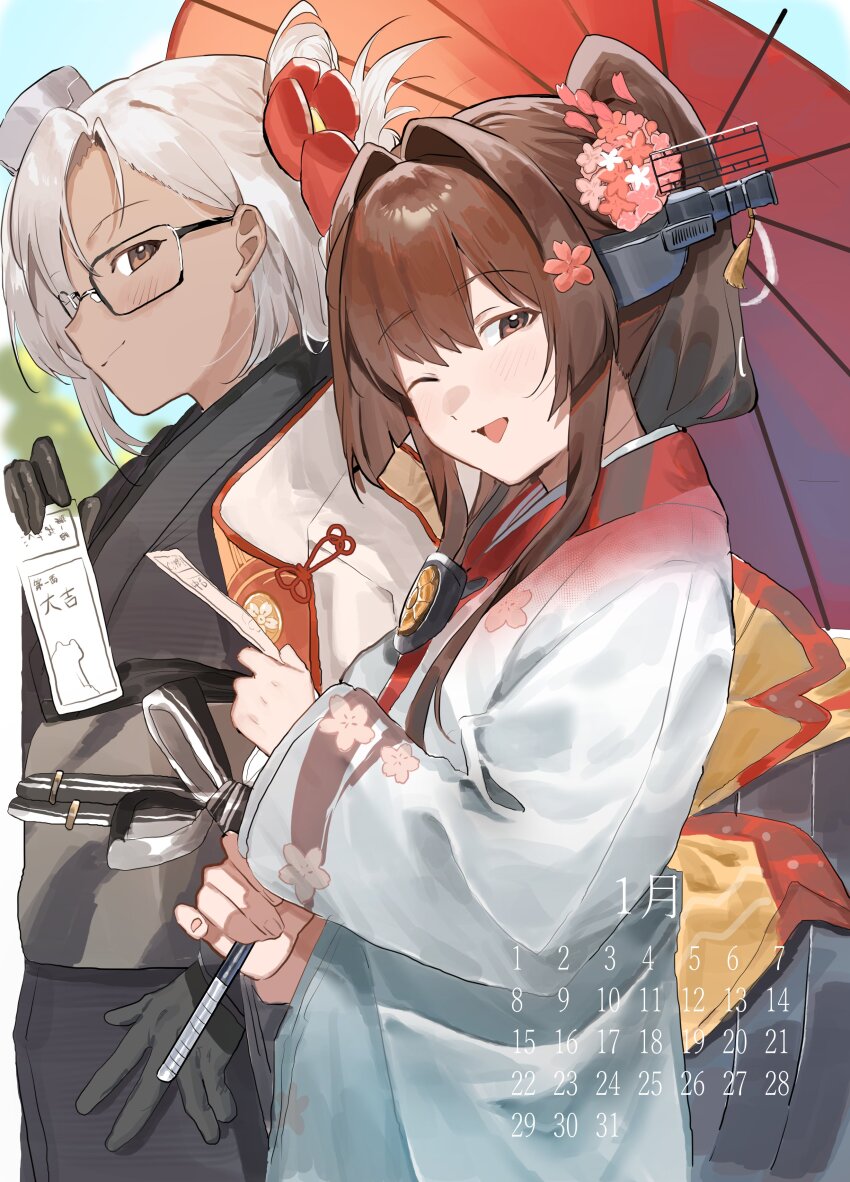 2girls absurdres black_gloves brown_eyes brown_hair calendar_(medium) closed_mouth dark-skinned_female dark_skin day floral_print flower glasses gloves grey_hair hair_flower hair_ornament headgear highres holding holding_umbrella japanese_clothes kantai_collection kimono long_sleeves multiple_girls musashi_(kancolle) musashi_(new_year)_(kancolle) obi oil-paper_umbrella one_eye_closed open_mouth outdoors pink_flower ponytail red_flower sash shishamo_(domado) tassel umbrella wide_sleeves yamato_(kancolle) yamato_(new_year)_(kancolle)