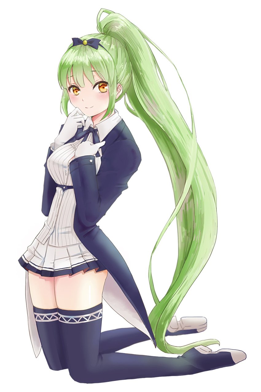 1girl azur_lane blush breasts closed_mouth female_focus full_body gloves green_hair highres kneeling long_hair looking_at_viewer medium_breasts piroropepon ponytail shropshire_(azur_lane) simple_background smile solo thighhighs very_long_hair yellow_eyes