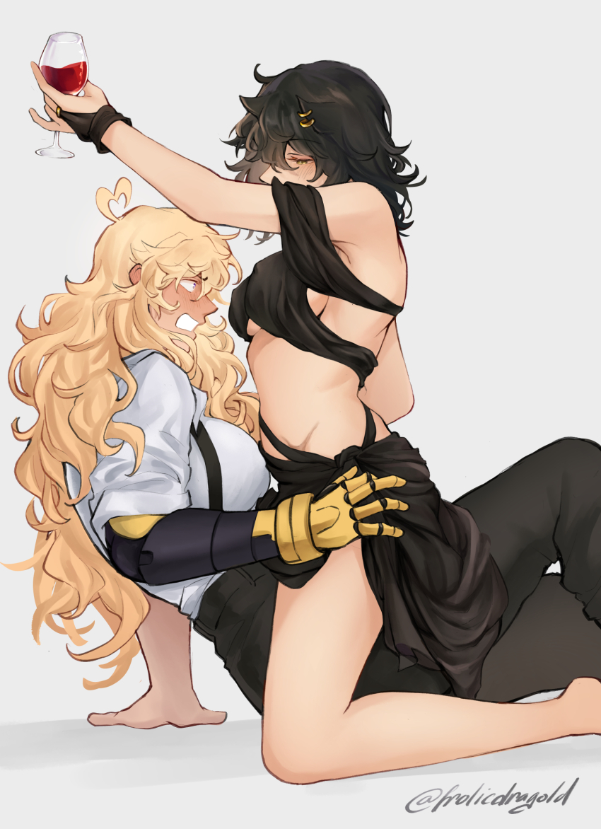 2girls absurdres ahoge animal_ears barefoot black_bra black_hair black_pants black_skirt blake_belladonna blonde_hair blush bra breasts cat_ears commentary cup drink drinking_glass english_commentary frolicdragold grey_background hand_on_another&#039;s_waist heart heart_ahoge highres holding holding_drink large_breasts long_hair mechanical_arms multiple_girls open_mouth pants red_wings rwby shirt simple_background single_mechanical_arm skirt twitter_username underwear white_shirt wine_glass wings yang_xiao_long yuri