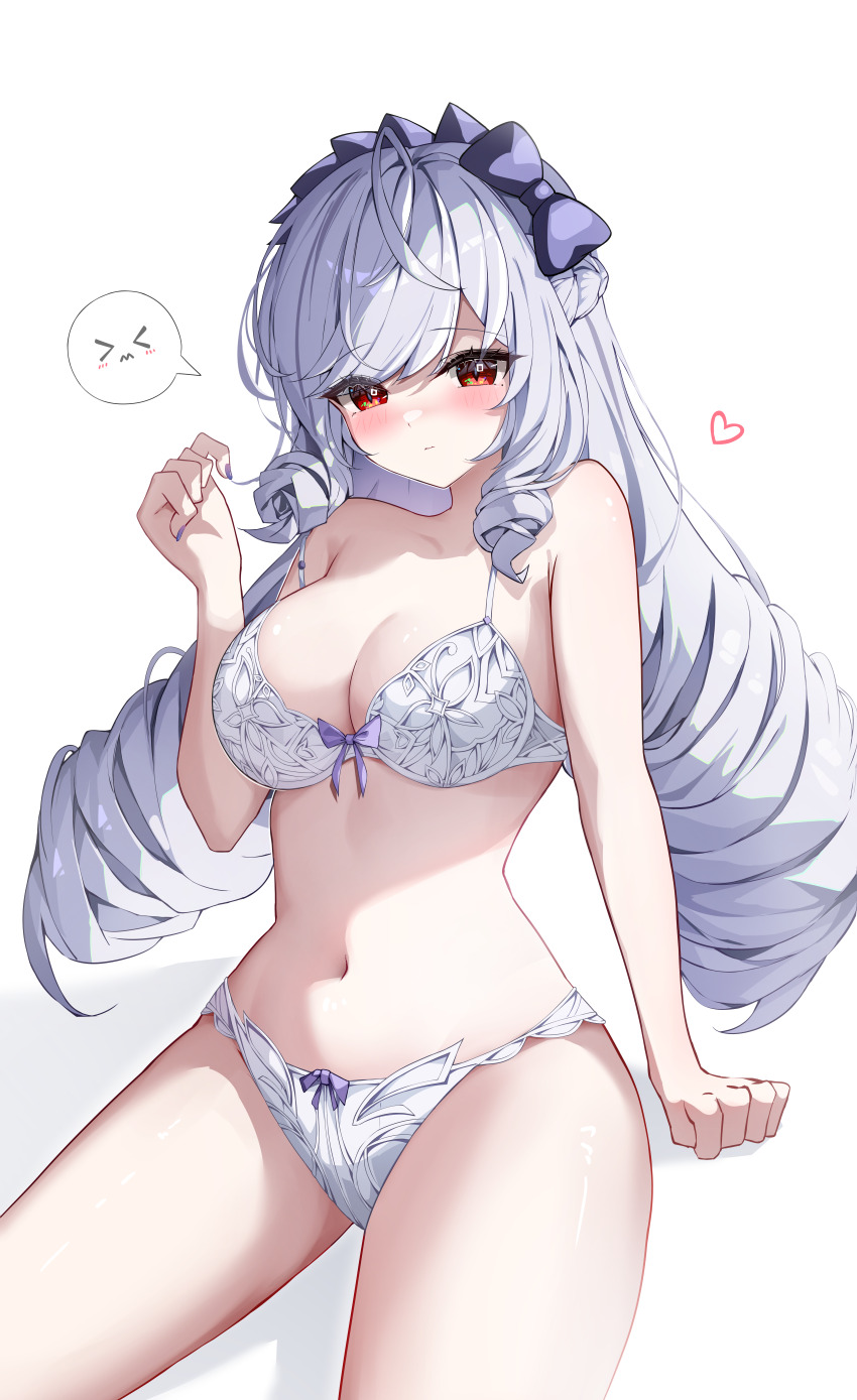 &gt;_&lt; 1girl absurdres ahoge blush bra breasts cleavage commentary_request cowboy_shot drill_hair heart highres large_breasts long_hair looking_at_viewer making-of_available navel paid_reward_available panties purple_hair red_eyes simple_background solo spoken_expression stomach thighs twin_drills underwear underwear_only very_long_hair vivian_banshee white_background white_bra white_panties yeni1871 zenless_zone_zero