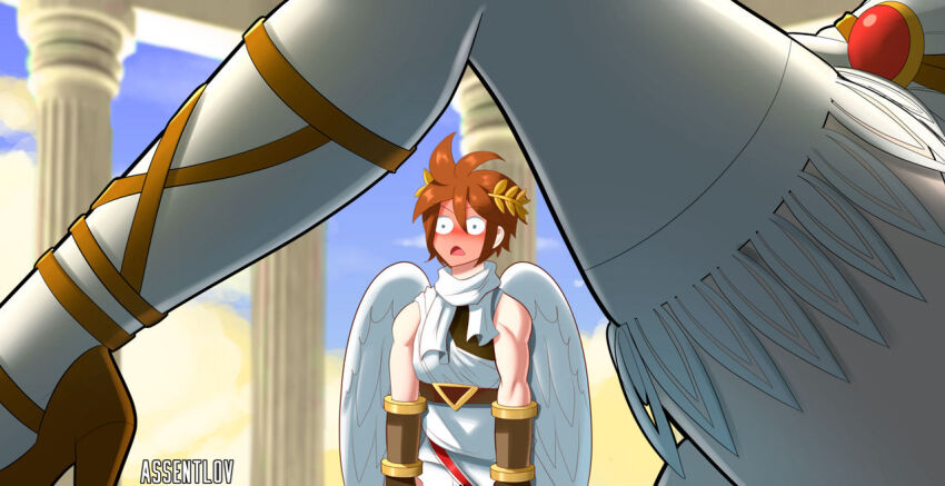 1boy 1girl assentlov bad_tag between_legs blue_eyes blush brown_hair day head_out_of_frame kid_icarus kid_icarus_uprising legs looking_at_another lower_body open_mouth palutena pit_(kid_icarus) setting sexually_suggestive standing the_graduate thighhighs thighs view_between_legs wings