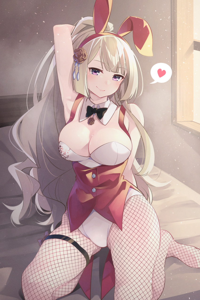 1girl animal_ears arm_behind_back arm_behind_head arm_up assault_lily bare_arms bare_shoulders bed black_bow black_bowtie black_pantyhose blonde_hair blunt_bangs bow bowtie breasts buttons cleavage closed_mouth coattails commentary detached_collar evening fake_animal_ears fishnet_pantyhose fishnets flower flower_necklace hair_flower hair_ornament hairband heart high_ponytail highres indoors jewelry knees_out_of_frame large_breasts leotard light_blush light_particles long_hair looking_at_viewer miyagawa_takane morugen necklace no_shoes official_alternate_costume official_alternate_hairstyle on_bed orange_flower orange_rose pantyhose pendant playboy_bunny ponytail purple_eyes rabbit_ears red_hairband red_vest rose sitting smile smirk solo speech_bubble spoken_heart strapless strapless_leotard thigh_strap very_long_hair vest wariza white_leotard window