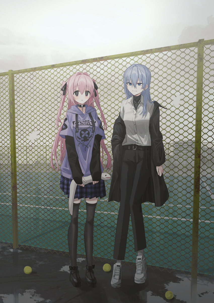 2girls :o ball belt belt_buckle black_belt black_choker black_footwear black_jacket black_pants black_ribbon black_thighhighs blue_eyes blue_skirt blush breasts buckle chain-link_fence chihuri choker closed_mouth cloud cloudy_sky collared_shirt day drawstring dress_shirt earrings ende_(chihuri) fence grey_hair grey_socks hair_between_eyes hair_intakes hair_ribbon highres holding holding_stuffed_toy hole hood hood_down hoodie jacket jewelry layered_sleeves long_hair long_sleeves looking_at_viewer medium_breasts multiple_girls nea_(chihuri) off_shoulder open_clothes open_jacket original outdoors pants parted_lips pink_hair plaid_clothes plaid_skirt pleated_skirt purple_eyes purple_hoodie ribbon shirt shoes short_over_long_sleeves short_sleeves skirt sky sleeves_past_wrists smile socks standing stud_earrings stuffed_snake stuffed_toy tennis_ball thighhighs two_side_up very_long_hair white_footwear white_shirt