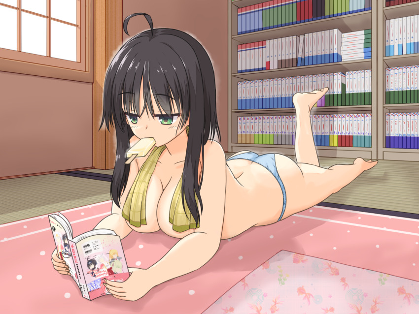 1girl ahoge arm_support ass back bare_arms bare_legs barefoot black_hair blue_panties book bookshelf breasts butt_crack cleavage collarbone commentary_request convenient_censoring copyright_name day eyelashes feet fingernails food food_in_mouth foreshortening full_body green_eyes hair_between_eyes hitachi_mako holding holding_book indoors jitome large_breasts leg_up light_blush looking_down lying on_stomach open_book panties popsicle popsicle_in_mouth reading relaxing senren_banka shirayamakoma short_hair_with_long_locks sidelocks solo tatami the_pose toes topless_female towel towel_around_neck underwear window