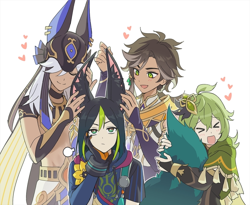 &gt;_&lt; 1girl 3boys angduuuu_(ghost) animal_ear_fluff animal_ears black_choker black_gloves black_hair black_hat blush brown_hair capelet choker closed_eyes collei_(genshin_impact) commentary cyno_(genshin_impact) dark-skinned_male dark_skin english_commentary flower fox_boy fox_ears fox_tail genshin_impact gloves green_capelet green_eyes green_hair grey_hair hair_ornament hair_over_one_eye hat heart hugging_tail long_hair multicolored_hair multiple_boys open_mouth puff_of_air sethos_(genshin_impact) simple_background tail tighnari_(genshin_impact) white_background white_hair yellow_flower