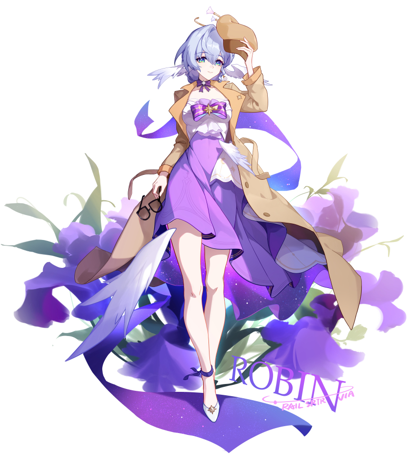 1girl absurdres alternate_costume bare_legs blue_eyes blue_hair bow bowtie breasts brown_coat brown_hat character_name chinese_commentary coat commentary_request dress full_body halo hat head_wings highres holding holding_removed_eyewear holding_unworn_clothes holding_unworn_hat honkai:_star_rail honkai_(series) large_breasts legs long_hair looking_at_viewer purple_bow purple_bowtie purple_dress robin_(honkai:_star_rail) simple_background smile solo unworn_eyewear unworn_hat unworn_headwear via_shinan white_background wings