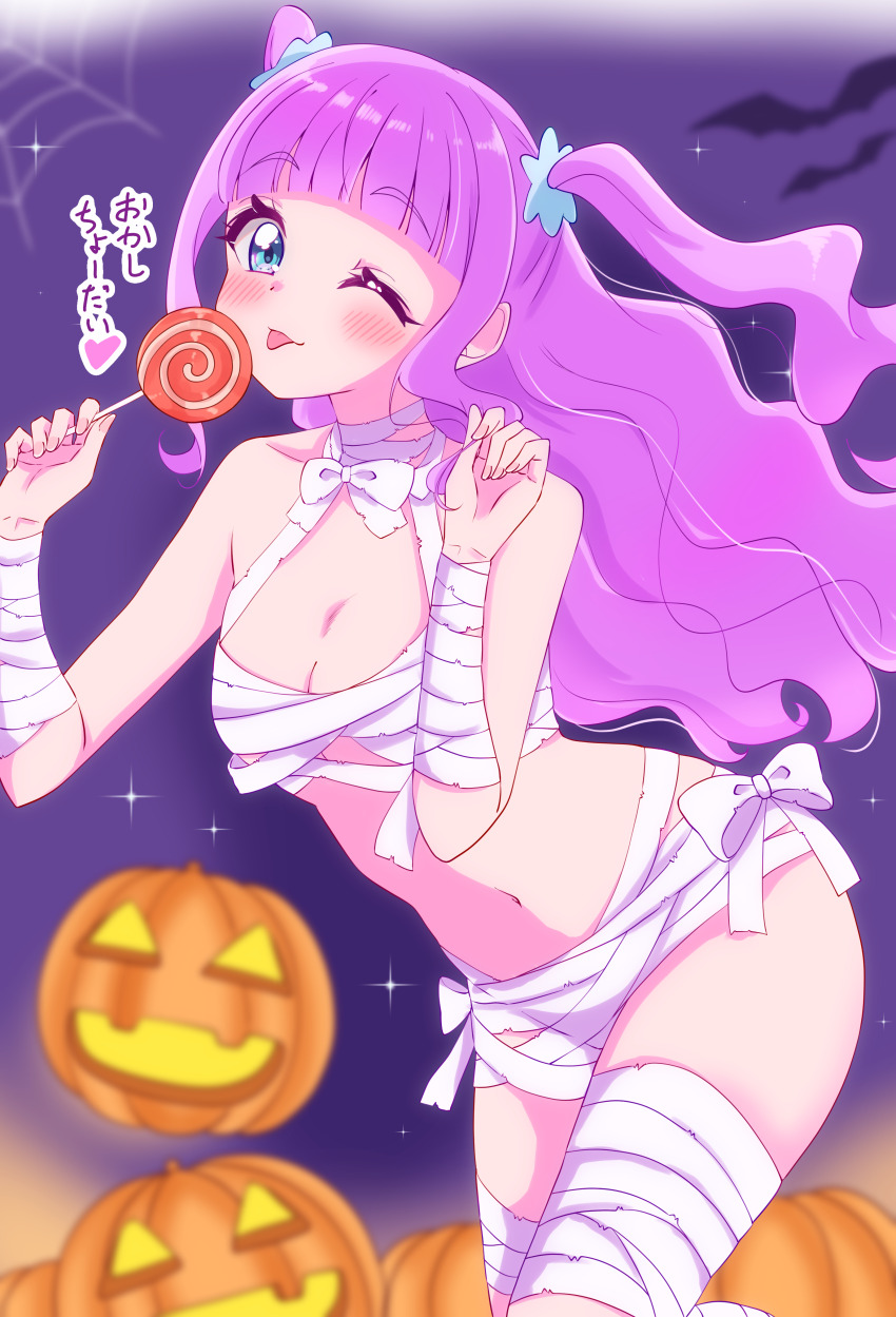 1girl absurdres bandages bat_(animal) blue_eyes blue_scrunchie blush breasts candy cleavage ellee-chan food halloween halloween_costume highres hirogaru_sky!_precure holding holding_food jack-o&#039;-lantern lollipop long_hair medium_breasts mummy_costume naked_bandage night night_sky one_eye_closed precure purple_hair scrunchie sky smile solo sugimura_mickey tongue tongue_out two_side_up