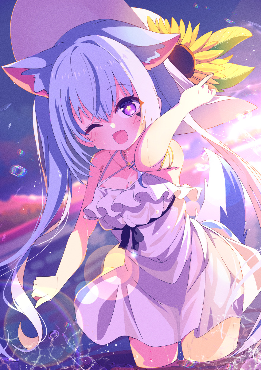 1girl absurdres animal_ears armlet bare_shoulders blue_hair blush breasts cleavage commission dress facial_mark flower hat hat_flower heart heart_facial_mark highres jewelry large_breasts looking_at_viewer open_mouth original outdoors purple_eyes shiro9jira skeb_commission smile solo star-shaped_pupils star_(symbol) sun_hat sunset symbol-shaped_pupils tail twintails wading white_dress