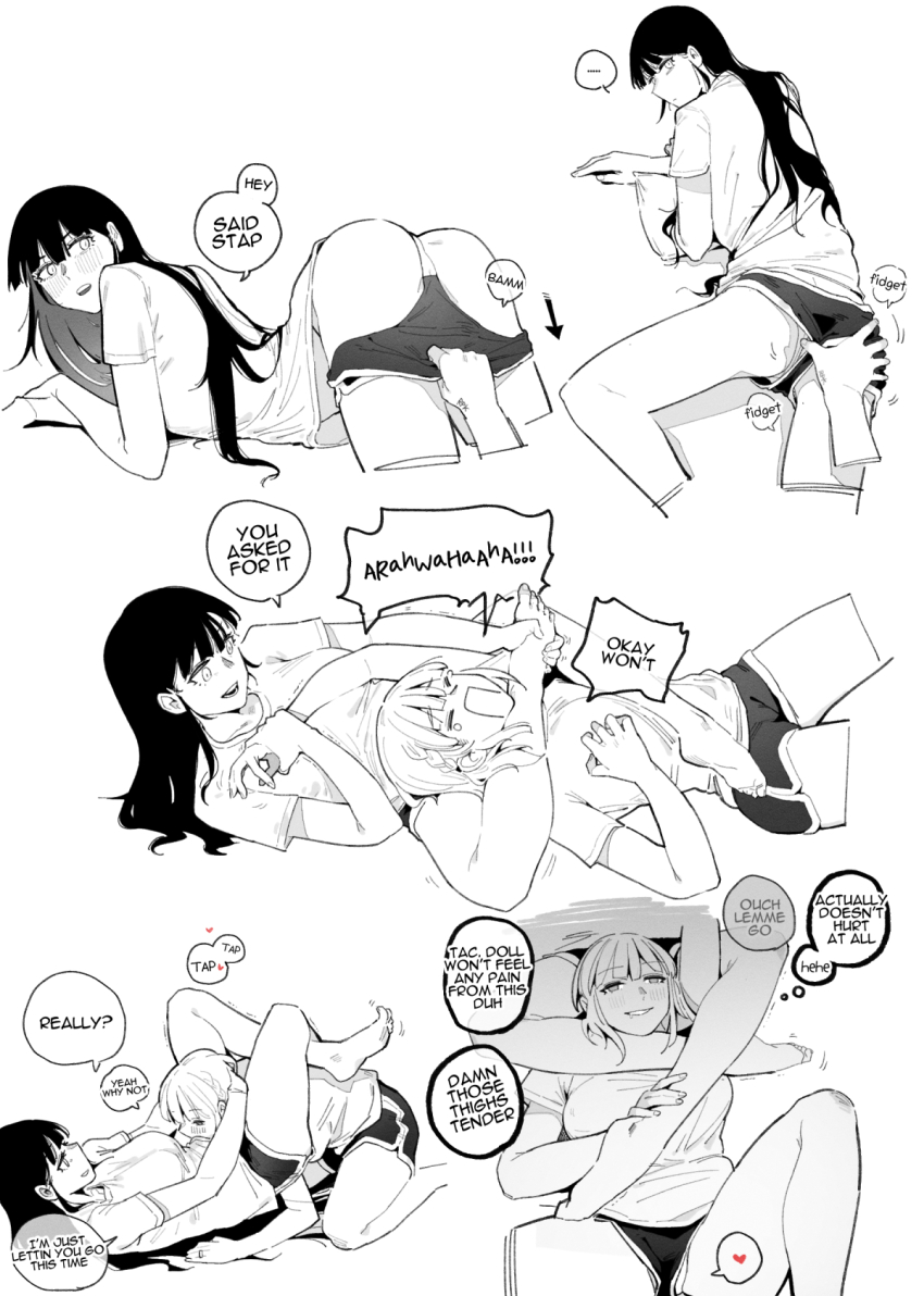 2girls ass barefoot blush breasts clothes_pull english_text female_commander_(girls&#039;_frontline) girls&#039;_frontline greyscale grin highres huqu leg_lock lying medium_breasts monochrome multiple_girls on_back on_stomach panties rpk-16_(girls&#039;_frontline) shorts shorts_pull smile spread_legs underwear yuri