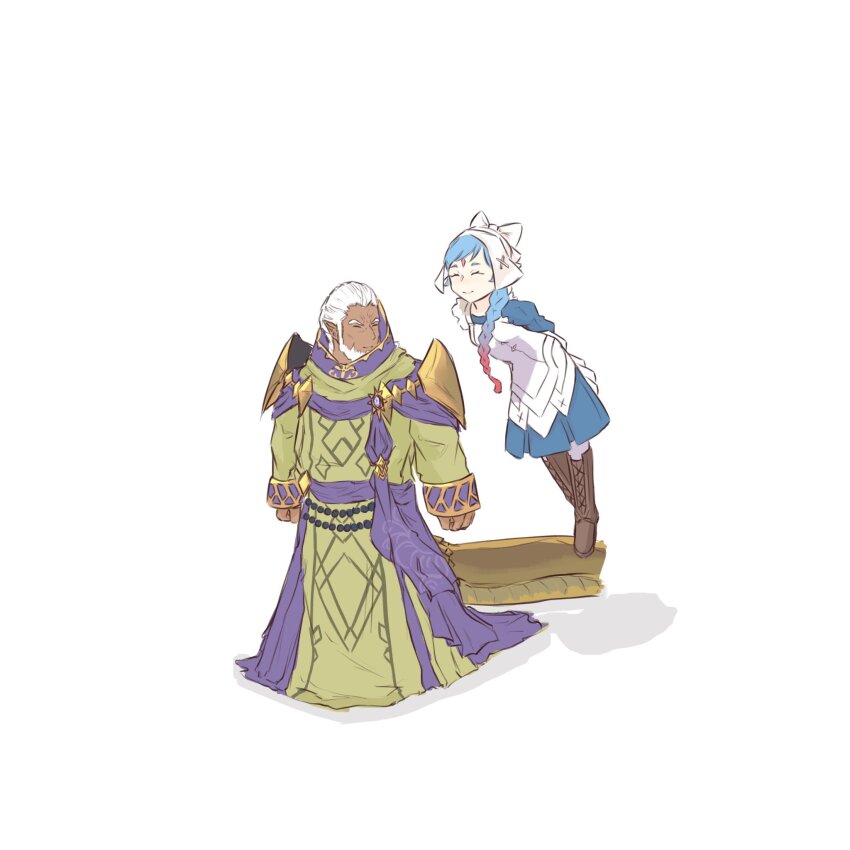 1boy 1girl aged_down beard blue_dress blue_hair boots braid braided_ponytail closed_eyes commentary cropped_tail dark-skinned_male dark_skin dragon_boy dragon_gami dragon_tail dress facial_hair fire_emblem fire_emblem:_mystery_of_the_emblem fire_emblem_fates fire_emblem_heroes floating forehead_jewel gradient_hair highres lilith_(fire_emblem) long_hair medeus medeus_(last_earth_dragon) multicolored_hair nintendo pointy_ears red_hair short_hair simple_background tail two-tone_hair white_background white_hair