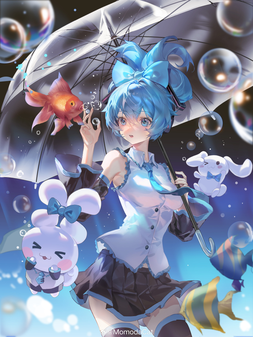 1girl absurdres black_skirt black_sleeves black_thighhighs blue_bow blue_eyes blue_hair blue_necktie blush bow bubble cinnamiku cinnamoroll collared_shirt commentary cowboy_shot detached_sleeves fish fuwa_fuwa_cinnamoroll hair_between_eyes hair_bow hands_up hatsune_miku headphones highres holding holding_umbrella koi lips long_hair looking_at_animal matching_outfits momodacat necktie parted_lips rabbit sanrio shirt skirt sleeveless sleeveless_shirt symbol-only_commentary teeth thighhighs transparent transparent_umbrella umbrella upper_teeth_only vocaloid watermark weibo_watermark white_shirt