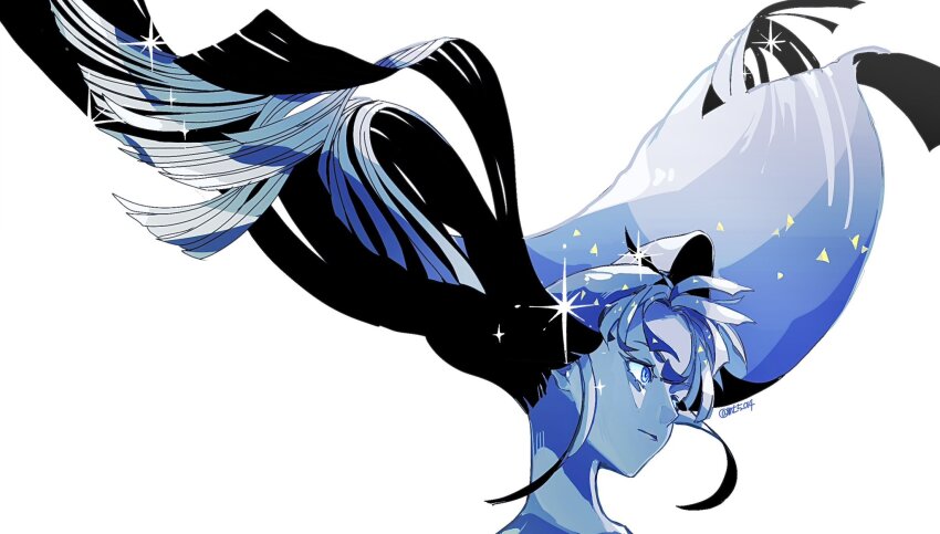 1other blue_eyes blue_hair blue_skin blue_theme closed_mouth colored_skin expressionless floating_hair highres houseki_no_kuni lapis_lazuli_(houseki_no_kuni) long_hair looking_ahead mt5_014 other_focus sidelocks simple_background solo sparkle twitter_username upper_body very_long_hair white_background