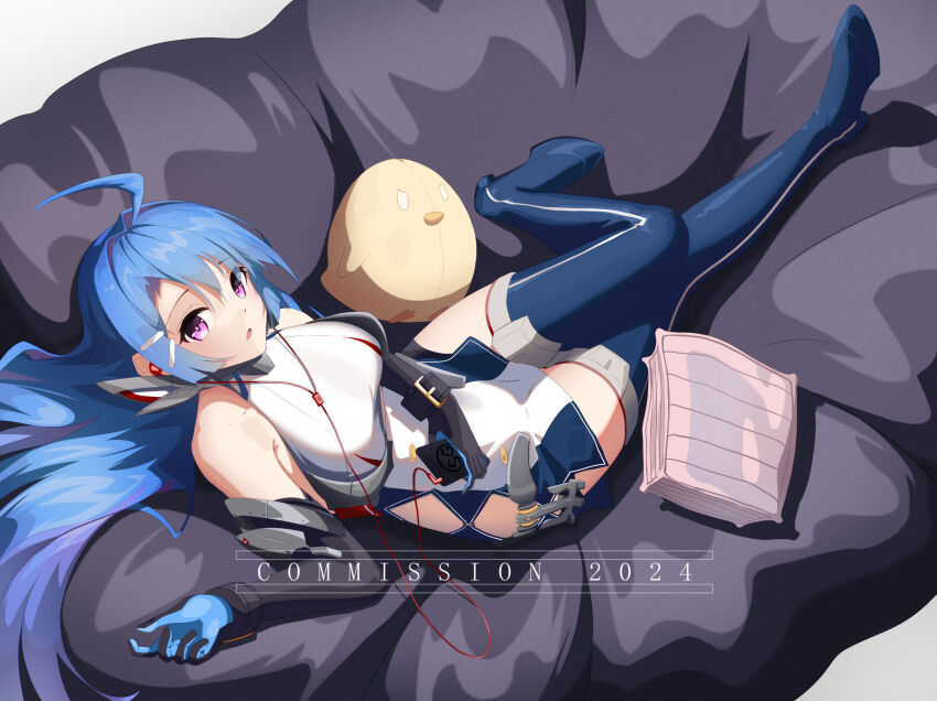 1girl ahoge ahrara azur_lane bean_bag_chair blue_gloves blue_hair boots breasts commission earphones elbow_gloves from_above gloves hair_intakes helena_(azur_lane) helena_(retrofit)_(azur_lane) highres knees_together_feet_apart long_hair looking_at_viewer lying manjuu_(azur_lane) medium_breasts open_mouth purple_eyes solo stuffed_animal stuffed_toy thigh_boots thighhighs thighs very_long_hair zettai_ryouiki