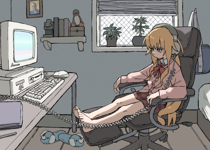 1girl :/ ahoge bag barefoot bed bird blonde_hair blue_shirt book bow bowtie cardigan chair closed_mouth collared_shirt commentary commission computer computer_keyboard computer_mouse crt desk dog_slippers english_commentary feet framed_image full_body gabriel_dropout gabriel_tenma_white hair_between_eyes headphones highres indoors linux long_hair long_sleeves looking_at_screen looking_at_viewer looking_to_the_side miniskirt mitsubishi mitsubishi_electric monitor notebook office_chair pantsu-ripper pen penguin photo_inset pink_cardigan plaid_clothes plaid_skirt plant polo_shirt potted_plant purple_eyes qr_code real_life red_bow red_bowtie red_skirt school_bag school_uniform shelf shirt sidelocks sitting skirt slippers smile solo swivel_chair terry_a_davis toes tux very_long_hair white_shirt window window_blinds wing_collar wooden_floor