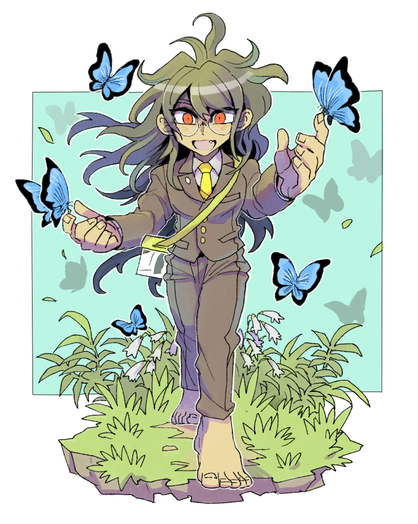 1boy barefoot blue_butterfly blush brown_jacket brown_pants bug bug_cage butterfly collared_shirt danganronpa_(series) danganronpa_v3:_killing_harmony eyelashes fang flower glasses gokuhara_gonta green_hair highres insect jacket kumakoro_(tetsupag) long_sleeves looking_at_viewer male_focus messy_hair necktie open_mouth orange_eyes pants shirt toenails white_flower yellow_necktie