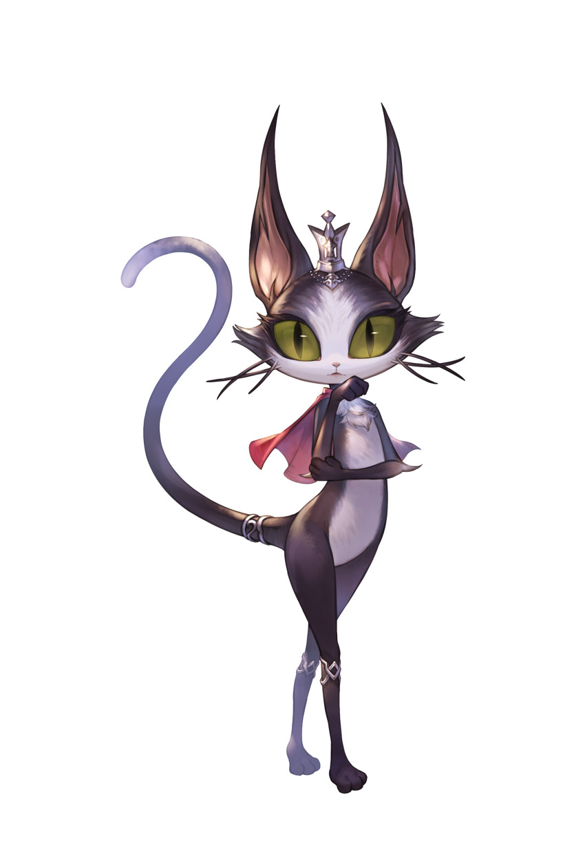absurdres artist_request cait_sith_(final_fantasy) cape cat crossed_legs crown final_fantasy final_fantasy_xi full_body granblue_fantasy green_eyes hand_on_own_elbow highres looking_at_viewer mini_crown official_art red_cape second-party_source silver_crown slit_pupils solo tail tail_ornament tail_raised tail_ring transparent_background watson_cross whiskers