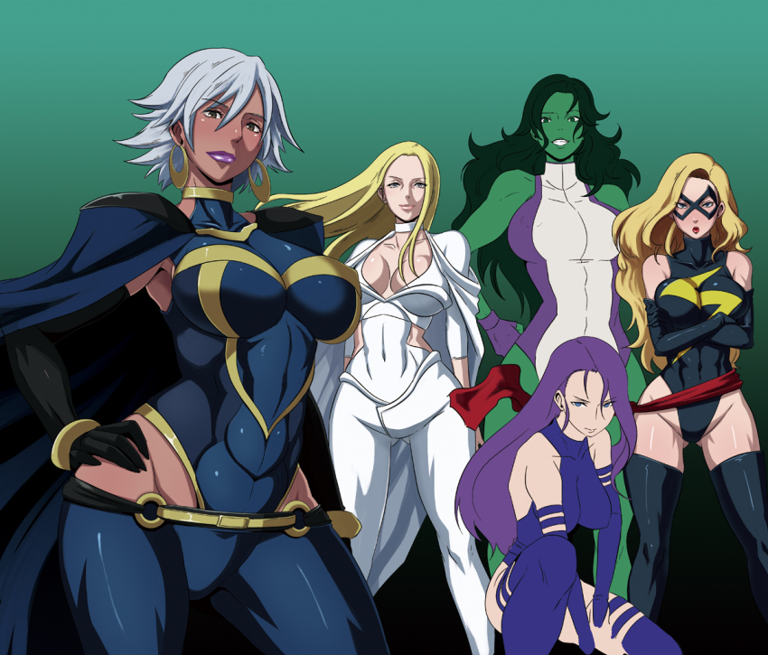 10s 5girls animification blonde_hair breasts butcha-u cape carol_danvers cleavage colored_skin curvy dark-skinned_female dark_skin domino_mask earrings emma_frost green_hair green_skin grey_hair huge_breasts jennifer_walters jewelry lipstick makeup marvel mask ms_marvel multiple_girls psylocke purple_hair sash she-hulk storm_(x-men) x-men x-men_(anime)