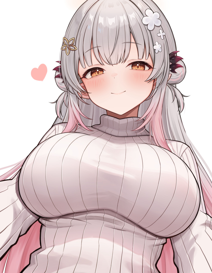 1girl absurdres blush breasts closed_mouth commentary_request daysss double_bun flower grey_hair hair_bun hair_flower hair_ornament hairclip headgear heart highres indie_virtual_youtuber large_breasts long_hair long_sidelocks looking_at_viewer pink_hair ribbed_sweater side_up_bun sidelocks simple_background smile solo suou_patra sweater taut_sweater turtleneck turtleneck_sweater upper_body virtual_youtuber white_background white_sweater