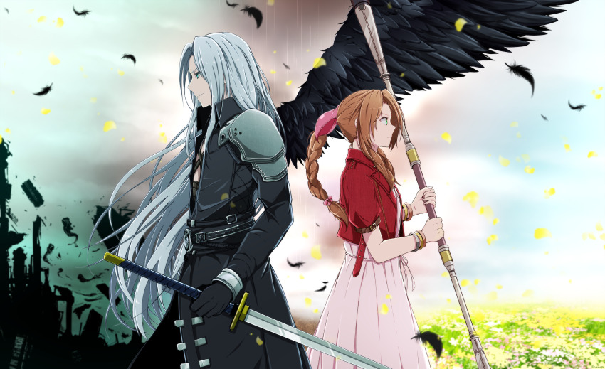 1boy 1girl absurdres aerith_gainsborough aqua_eyes armor back-to-back bangle belt belt_buckle black_belt black_coat black_feathers black_gloves black_wings bracelet braid braided_ponytail brown_hair buckle chest_strap coat cropped_jacket dress falling_feathers falling_petals feathered_wings feathers field final_fantasy final_fantasy_vii final_fantasy_vii_remake flower flower_field gloves green_eyes grey_hair hair_ribbon highres holding holding_staff holding_sword holding_weapon jacket jewelry long_bangs long_coat long_dress long_hair masamune_(ff7) nanao_(zonzonsh) parted_bangs petals pink_dress pink_ribbon rain red_jacket ribbon sephiroth short_sleeves shoulder_armor sidelocks single_braid single_wing staff sword weapon wings yellow_flower yellow_petals