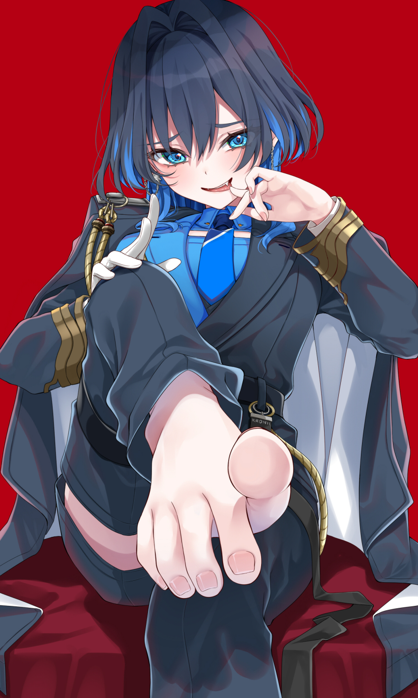 1girl absurdres barefoot black_coat black_hair black_jacket black_pants blue_eyes blue_hair blue_jacket blue_necktie blue_shirt chain chain_earrings cleavage_cutout clothing_cutout coat coat_on_shoulders collared_shirt colored_inner_hair commentary detached_pants fang feet fingernails foot_up gloves hair_between_eyes hair_intakes hand_on_own_knee hand_up highres hololive hololive_english jacket looking_at_viewer medium_hair military_jacket military_uniform mogu_(au1127) multicolored_hair multicolored_jacket necktie official_alternate_costume official_alternate_hairstyle open_mouth ouro_kronii ouro_kronii_(4th_costume) pants red_background shirt short_hair simple_background single_glove sitting smile solo straight-on symbol-only_commentary toenails tongue tongue_out two-tone_hair two-tone_jacket virtual_youtuber white_gloves wolf_cut