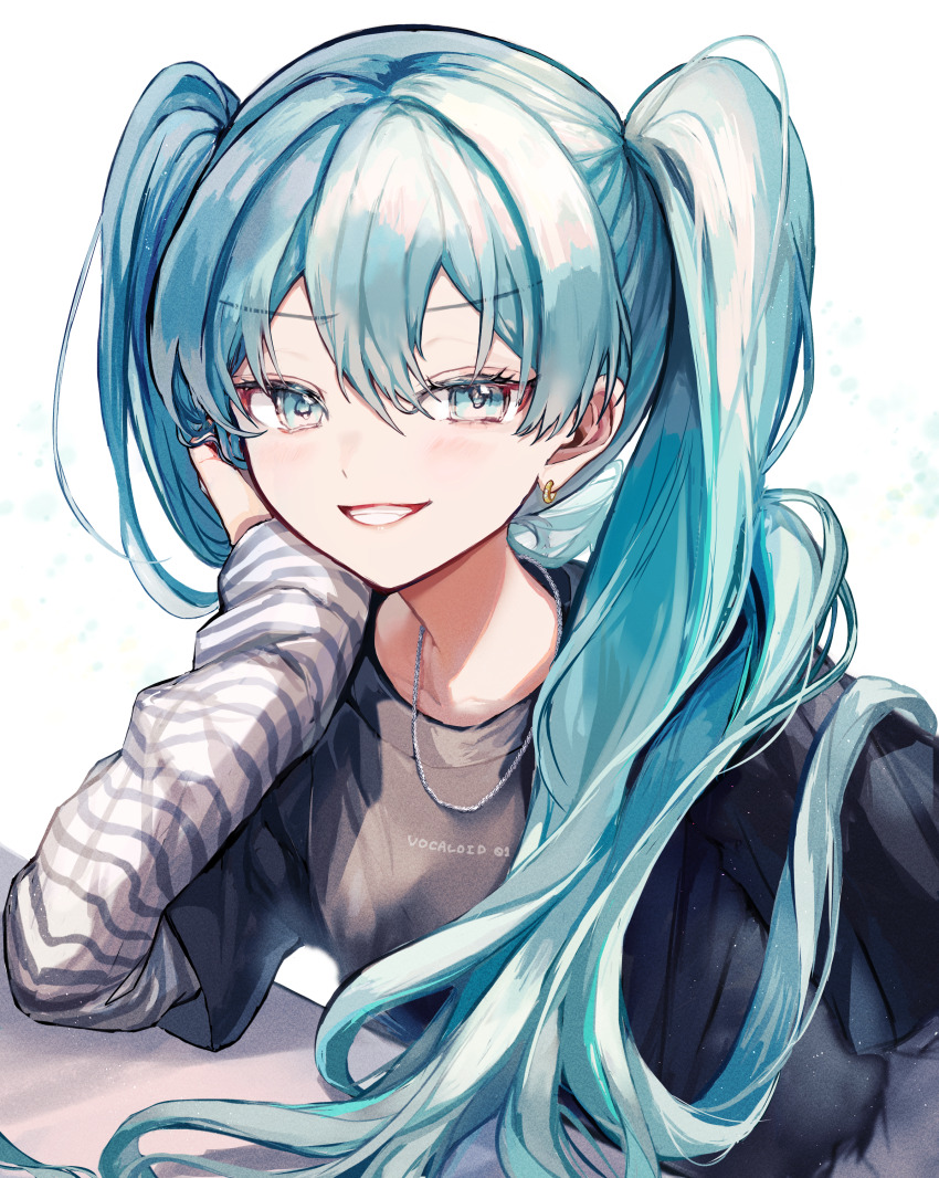 1girl absurdres aqua_eyes aqua_hair black_shirt commentary ear_piercing english_commentary eyelashes grin hair_between_eyes hatsune_miku highres jewelry layered_shirt looking_at_viewer necklace piercing pipi_(pipinavigation) shirt smile solo striped_clothes striped_shirt teeth twintails vocaloid