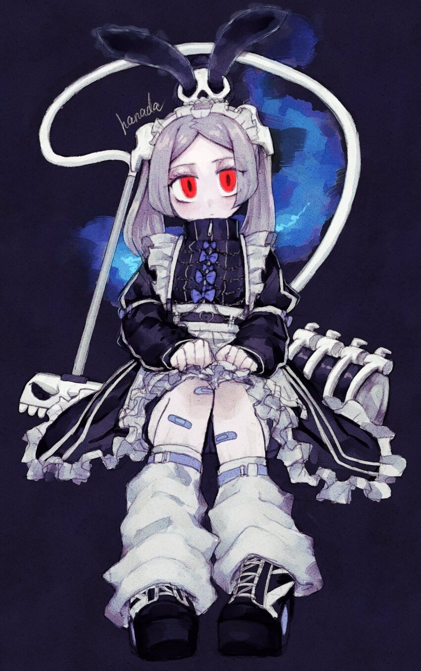 1girl alternate_costume apron loose_socks bandaid bloody_marie_(skullgirls) bow dress dust_bunny_(skullgirls) frilled_dress frills grey_hair hair_ornament hanada_(cobalt003) highres maid_apron maid_headdress red_eyes sitting skull_hair_ornament skullgirls solo twintails vacuum_cleaner zipper_pull_tab