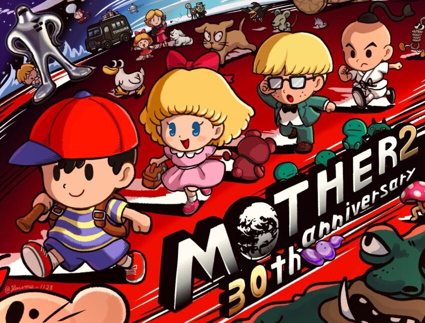 baseball_bat baseball_cap black_hair blonde_hair character_request dress glasses hat holding holding_baseball_bat jeff_andonuts master_belch_(mother_2) mother_(series) mother_2 multiple_boys ness&#039;s_father ness&#039;s_mother ness_(mother_2) nintendo paula_(mother_2) pink_dress poo_(mother_2) porky_minch starman_(mother) suruga_kanade tracy_(mother_2)