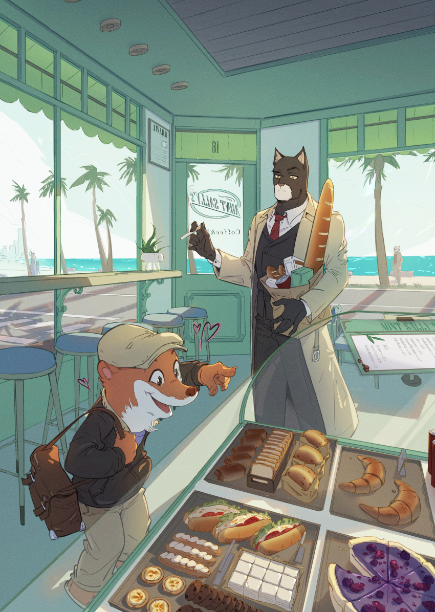 2boys absurdres bag baguette black_jacket black_pants blacksad_(comic) bread brown_coat brown_hat can cat_boy cigarette closed_mouth coat commentary cookie door food furry furry_male grey_pants grocery_bag hanamaki hat highres holding holding_cigarette indoors jacket john_blacksad multiple_boys necktie palm_tree pants paper_bag pizza red_necktie sandwich shirt shopping_bag stool tree weasel_boy weekly_(blacksad) white_shirt yellow_eyes
