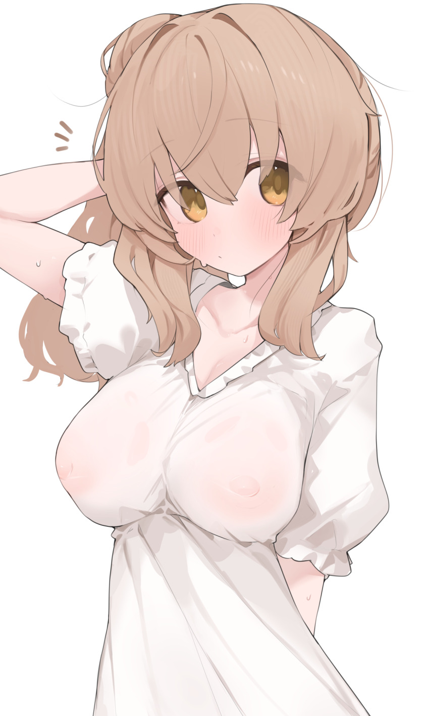 1girl blush brown_eyes brown_hair cevio closed_mouth commentary covered_erect_nipples dress highres medium_hair mikozin satou_sasara see-through_clothes see-through_dress short_sleeves side_ponytail simple_background solo sweat white_background white_dress