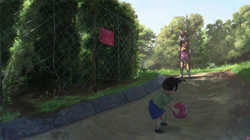 1girl 1other animal_ears arms_at_sides artist_logo ball bandaid black_hair broken broken_fence brown_hair chain-link_fence child dappled_sunlight day fence full_body fur_collar height_difference highres holding holding_ball imnim_leef japanese_wolf_(kemono_friends) kemono_friends leaning_forward logo long_hair long_sleeves looking_at_another multicolored_hair necktie outdoors shirt short_hair shorts sign skirt standing sunlight tail thighhighs two-tone_hair white_hair wolf_ears wolf_girl wolf_tail zettai_ryouiki