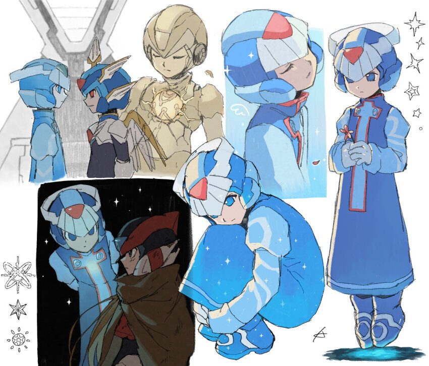 3boys blue_eyes blue_helmet blue_robe copy_x_(mega_man) cyber_elf_x_(mega_man) flower forehead_jewel full_body halo helmet highres holding holding_flower karen_(karenoni1031) mega_man_(series) mega_man_zero_(series) multiple_boys multiple_views red_eyes robe white_background x_(mega_man) zero(z)_(mega_man) zero_(mega_man)