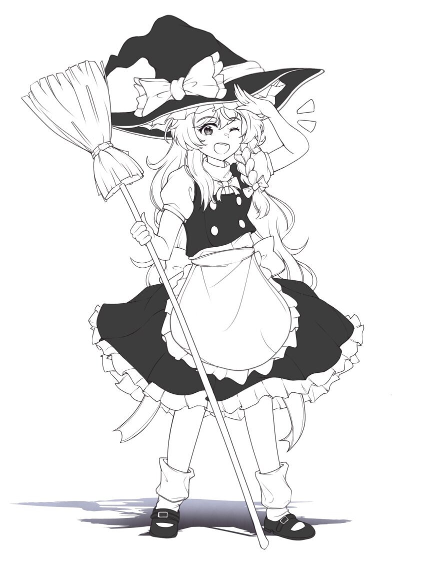 1girl black_hat black_vest blonde_hair bow braid collared_shirt cropped_torso fang frilled_hat frills h3p0 hair_between_eyes hand_up hat hat_bow highres kirisame_marisa looking_at_viewer medium_hair open_mouth puffy_short_sleeves puffy_sleeves shirt short_sleeves side_braid simple_background single_braid smile solo touhou upper_body v vest white_background white_bow white_shirt witch_hat yellow_eyes
