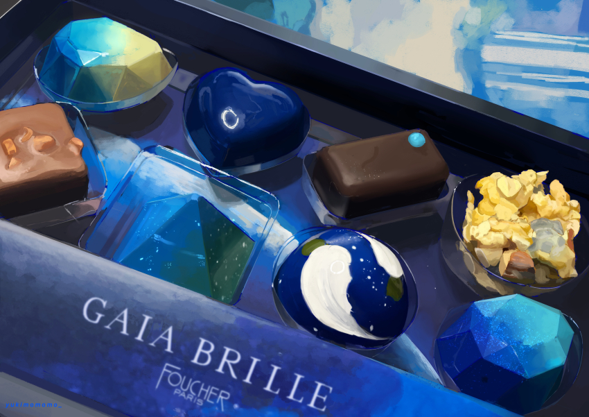 absurdres box box_of_chocolates candy chocolate chocolate_heart commentary_request food food_focus foucher french_text heart heart-shaped_food highres no_humans original photo-referenced pyramid_(geometry) sweets yukimomo74