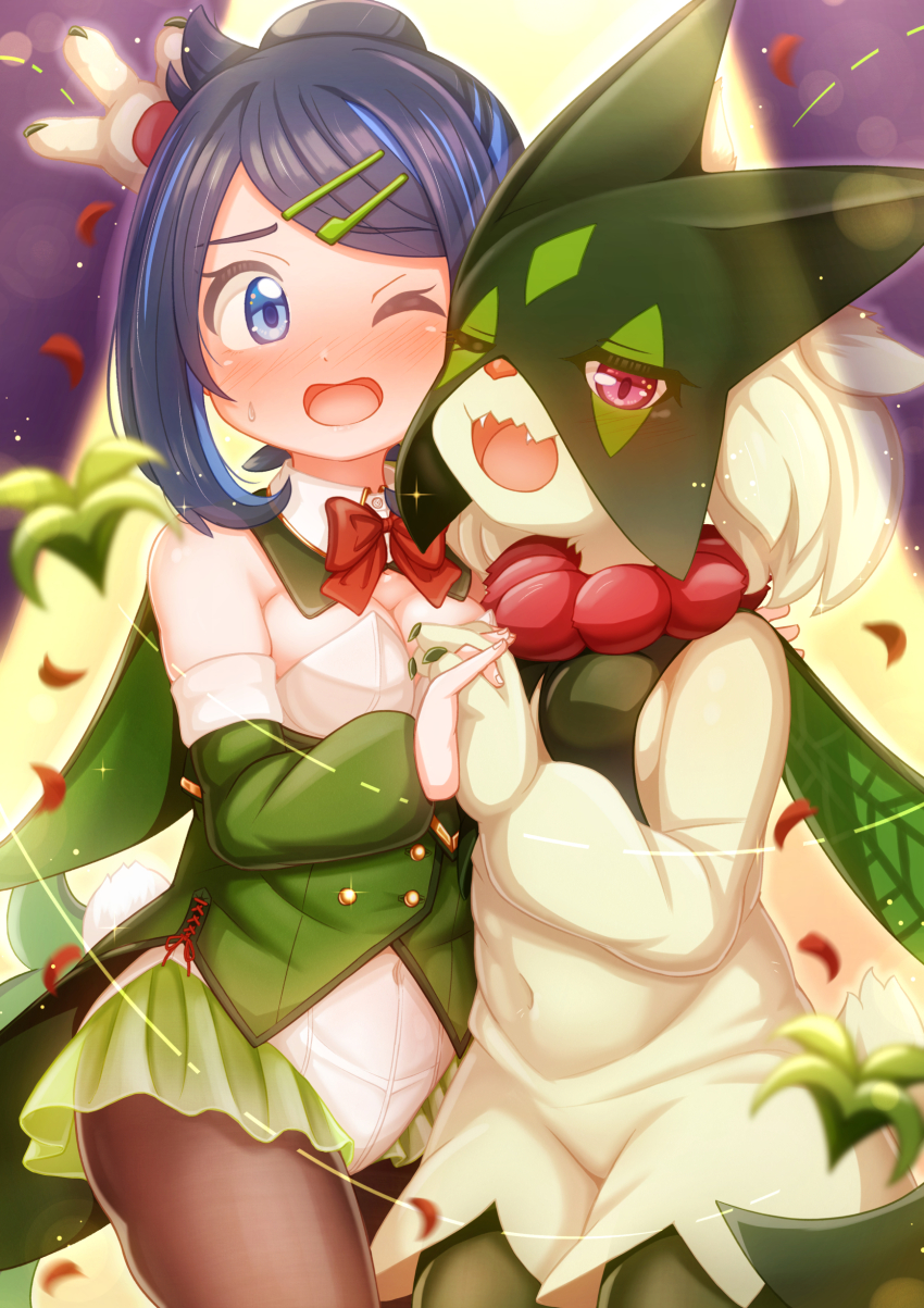 1girl absurdres alternate_costume black_hair blue_eyes blush bow bowtie breasts commentary_request detached_collar eyelashes falling_petals hair_ornament hairclip heads_together highres holding_hands liko_(pokemon) meowscarada nintendo one_eye_closed open_mouth petals pokemon pokemon_(anime) pokemon_(creature) pokemon_horizons red_bow red_bowtie sidelocks sparkle spotlight suzushiro_(gripen39)