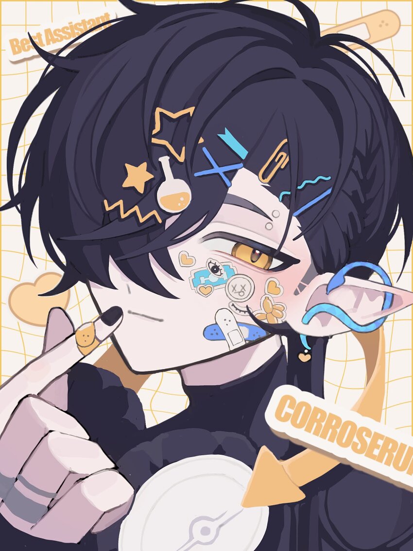 1boy arknights arrow_(symbol) bandaged_fingers bandages bandaid bandaid_on_cheek bandaid_on_face black_hair black_nails black_shirt character_name commentary corroserum_(arknights) english_text finger_heart flask_hair_ornament hair_ornament hair_over_one_eye hairclip highres light_smile looking_at_viewer male_focus nail_polish nomochi_(cab8d9) paperclip_hair_ornament pointy_ears shirt short_hair smile solo star_(symbol) star_hair_ornament sticker sticker_on_face symbol-only_commentary upper_body x_hair_ornament yellow_eyes