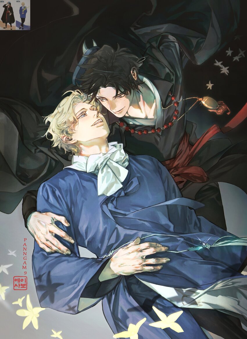2boys absurdres black_hair blonde_hair blue_eyes commentary eye_contact freckles hanbok highres jewelry korean_clothes korean_commentary long_sleeves looking_at_another male_focus multiple_boys necklace one_piece panngam9 pearl_necklace pendant portgas_d._ace sabo_(one_piece) short_hair smile teeth upper_teeth_only wide_sleeves