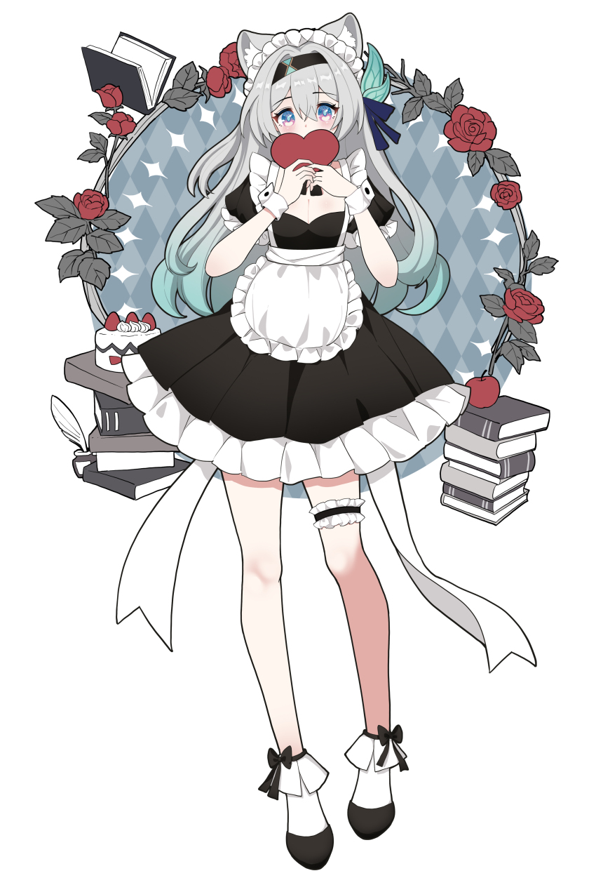 1girl absurdres animal_ears black_bow black_hairband book bow breasts chinese_commentary commentary_request dress ff2074 firefly_(honkai:_star_rail) flower grey_hair hair_ornament hairband heart highres honkai:_star_rail honkai_(series) long_hair looking_at_viewer maid maid_headdress medium_breasts multicolored_eyes red_flower red_rose rose solo two-tone_eyes