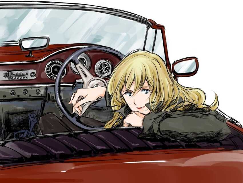 blonde_hair blue_eyes car cowboy_bebop curly_hair julia_(cowboy_bebop) red_car tagme tobalin