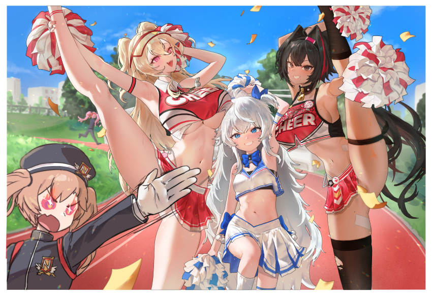 +_+ 5girls :d absurdres ahoge armpits asymmetrical_legwear bandaid bandaid_on_leg bay_(nikke) beret black_hair black_socks black_sports_bra black_thighhighs blonde_hair blue_bow blue_bowtie blue_eyes blue_ribbon blue_skirt blush bow bowtie breasts brown_eyes brown_hair censored cheerleader clay_(nikke) collar confetti convenient_censoring crop_top dark-skinned_female dark_skin facial_tattoo gakuran gloves goddess_of_victory:_nikke grin hair_intakes hair_ornament hair_ribbon hairband hairclip hat highres large_breasts leg_up long_hair looking_at_viewer midriff miranda_(nikke) mole mole_on_breast mole_on_stomach mole_under_mouth motion_lines multicolored_hair multiple_girls navel official_alternate_costume open_mouth ouendan pink_eyes pink_hair pisik poli_(cheer_up_police)_(nikke) poli_(nikke) pom_pom_(cheerleading) ponytail quiry_(nikke) red_hair red_shirt red_skirt ribbon school_uniform shirt shoes short_twintails sidelocks single_thighhigh skirt small_breasts smile sneakers socks spiked_collar spikes split sports_bra standing standing_on_one_leg standing_split star_tattoo streaked_hair tan tanline tattoo thigh_strap thighhighs torn_clothes torn_thighhighs twintails two-tone_shirt two-tone_skirt underboob very_long_hair visor_cap wavy_hair whistle whistle_around_neck white_gloves white_hair white_skirt white_socks