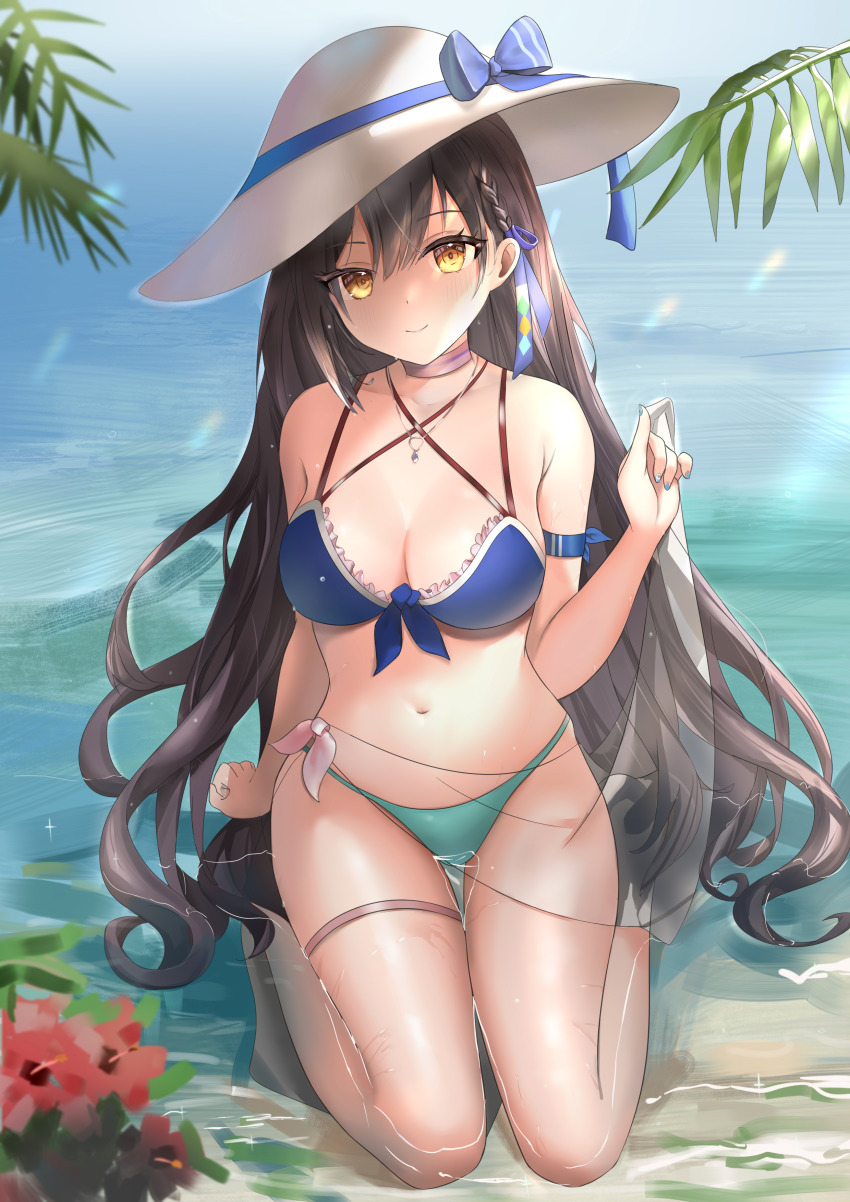 1girl absurdres bikini blue_bikini breasts chinese_commentary cleavage commentary_request flower front-tie_top green_bikini hat highres kneeling lin_(tower_of_fantasy) looking_at_viewer medium_breasts mismatched_bikini navel sarong see-through_clothes solo sun_hat swimsuit tower_of_fantasy water white_hat xiatian
