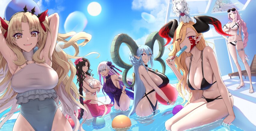 6+girls animal animal_ear_fluff animal_on_head aqua_hair asymmetrical_bangs ball bare_shoulders bikini black_bikini black_hair blonde_hair blue_hair blue_sky blush body_markings bow bracelet braid braided_ponytail breasts chest_tattoo cleavage cloud colored_inner_hair commentary curled_horns earrings eating ereshkigal_(fate) facial_mark fate/grand_order fate_(series) flower food forehead_mark fou_(fate) glasses grey_one-piece_swimsuit grin hair_between_eyes hair_bow hair_flower hair_ornament hair_over_one_eye hair_ribbon hairband highleg highleg_one-piece_swimsuit highres horns jewelry kama_(fate) kama_(swimsuit_avenger)_(third_ascension)_(fate) koyanskaya_(fate) large_breasts larva_tiamat_(fate) light_rays long_hair looking_at_viewer multicolored_hair multiple_girls navel necklace nero_claudius_(fate) o-ring olga_marie_animusphere on_head one-piece_swimsuit open_mouth parted_bangs party pearl_necklace pink_eyes pink_hair pointy_ears pool popsicle purple_one-piece_swimsuit queen_draco_(fate) queen_draco_(third_ascension)_(fate) red_eyes ribbon sarong sessyoin_kiara sessyoin_kiara_(swimsuit_mooncancer)_(first_ascension) shell shell_necklace shiroshisu sidelocks sitting sky smile space_ereshkigal_(fate) space_ereshkigal_(first_ascension)_(fate) star_(symbol) star_earrings streaked_hair sun swimsuit symbol-shaped_pupils tamamo_(fate) tattoo tiamat_(fate) tiamat_(third_ascension)_(fate/grand_order_arcade) twin_braids two-tone_hair two-tone_swimsuit two_side_up u-olga_marie u-olga_marie_(president_ocean) very_long_hair white_bikini white_hair white_one-piece_swimsuit yellow_eyes