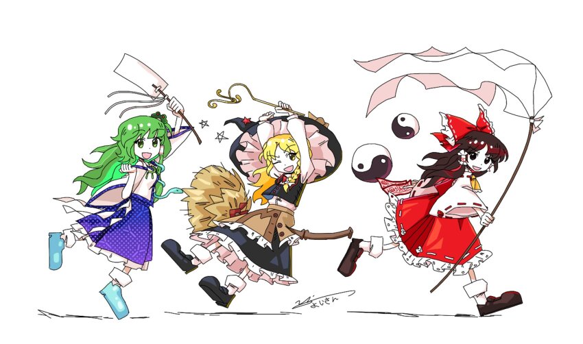 3girls apron ascot bare_shoulders black_hat black_shoes black_skirt black_vest blonde_hair blue_shoes blue_skirt bow broom broom_riding brown_apron brown_hair brown_shoes collared_shirt detached_sleeves frilled_hair_tubes frilled_skirt frills frog_hair_ornament from_side gohei green_eyes green_hair hair_bow hair_ornament hair_tubes hakurei_reimu hat highres holding holding_gohei jewelry kirisame_marisa kochiya_sanae loafers long_hair long_sleeves multiple_girls necklace ofuda one_eye_closed orb patterned_clothing print_skirt red_bow red_shirt red_skirt ribbon-trimmed_sleeves ribbon_trim shide shirt shoes signature simple_background single_hair_tube single_sidelock skirt skirt_set sleeveless sleeveless_shirt snake_hair_ornament socks star_(symbol) touhou undefined_fantastic_object vest white_background white_socks wide_sleeves witch_hat yellow_ascot yellow_eyes yin_yang yin_yang_orb yoiy_san