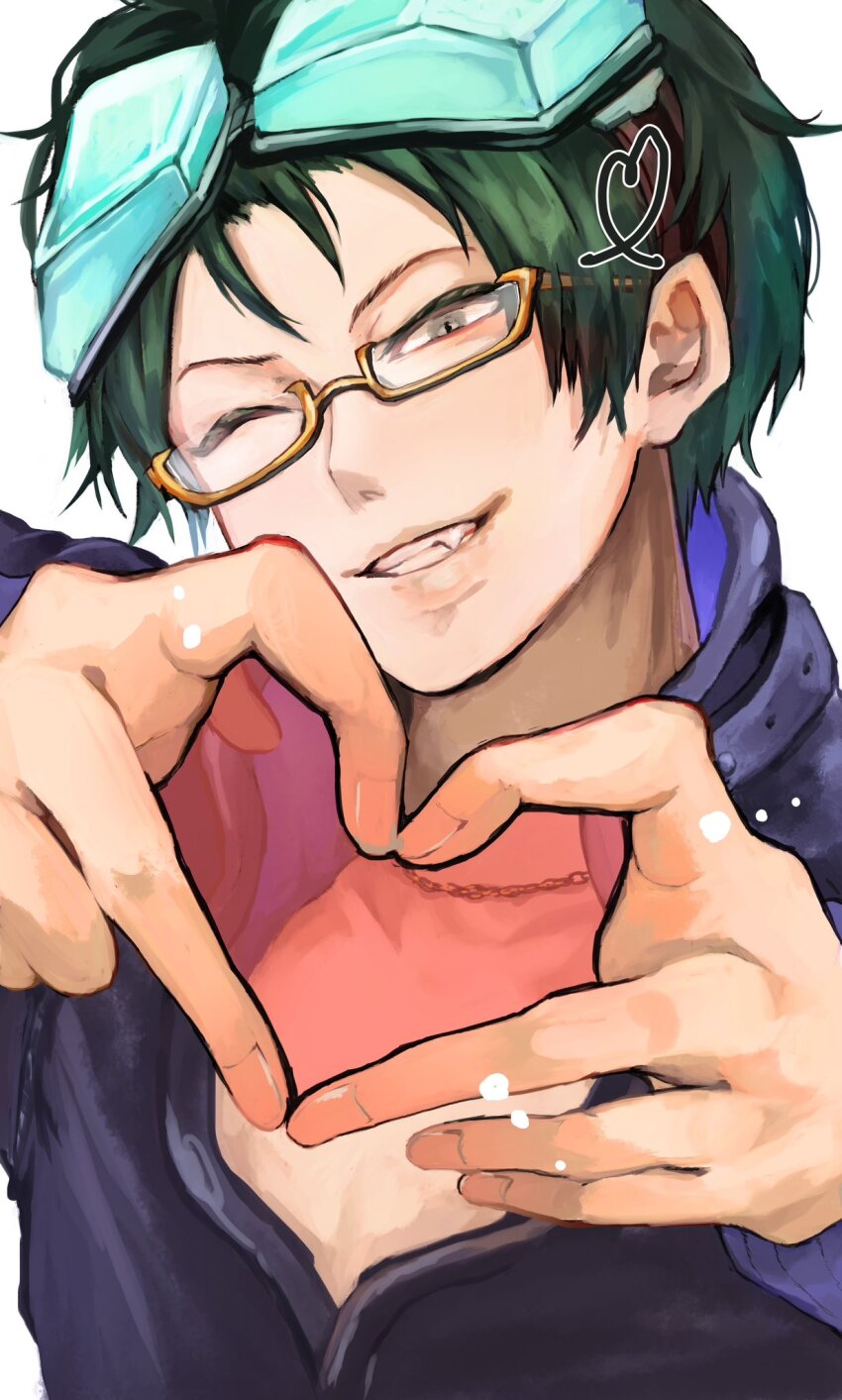 1boy black_hair fang glasses gnosia goggles green_hair highres jacket jewelry koyuuuuuuuuuuu long_sleeves looking_at_viewer male_focus necklace one_eye_closed sha-ming shirt short_hair smile solo upper_body zipper