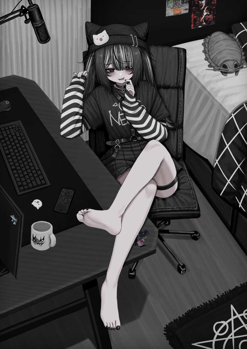 1girl absurdres animal_ear_headwear beanie bed black_choker black_eyes black_hair black_hat black_nails black_shirt black_shorts cellphone choker computer_keyboard computer_mouse cup desk fake_animal_ears goth_fashion hat highres indoors lobsteranian long_hair microphone mug multicolored_hair nail_polish on_chair original phone poster_(object) shirt shorts sitting smartphone solo streaked_hair striped_sleeves thigh_strap toenail_polish toenails white_hair