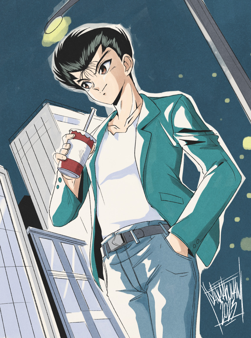 1990s_(style) 1boy absurdres black_hair brown_eyes building city closed_mouth collarbone cup danmakuman denim hand_in_pocket highres holding holding_cup jacket jeans male_focus night pants retro_artstyle shirt short_hair smile solo togashi_yoshihiro_(style) urameshi_yusuke white_shirt yuu_yuu_hakusho