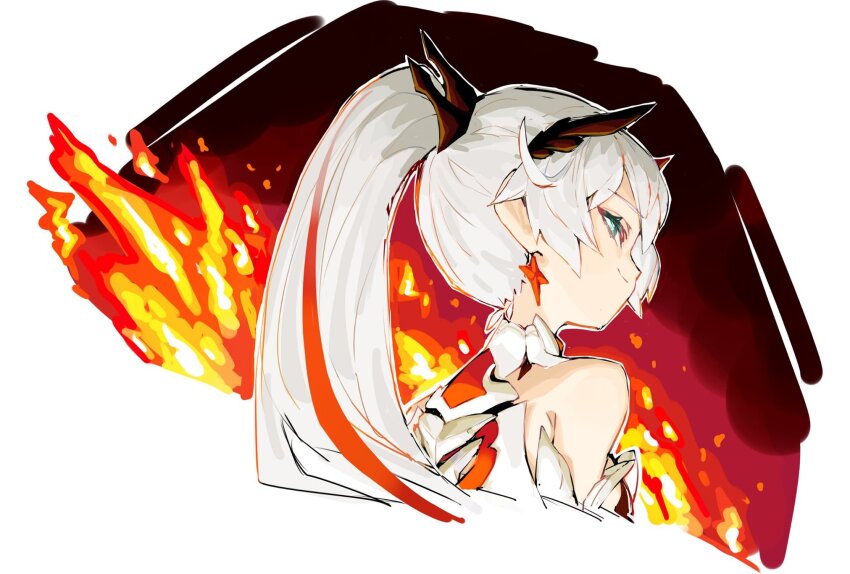 1girl armor bare_shoulders blue_eyes earrings fire from_behind hair_between_eyes hair_ornament highres honkai_(series) honkai_impact_3rd jewelry kiana_kaslana kiana_kaslana_(herrscher_of_flamescion) multicolored_hair scarlet23i0 sidelocks smile streaked_hair upper_body white_background white_hair