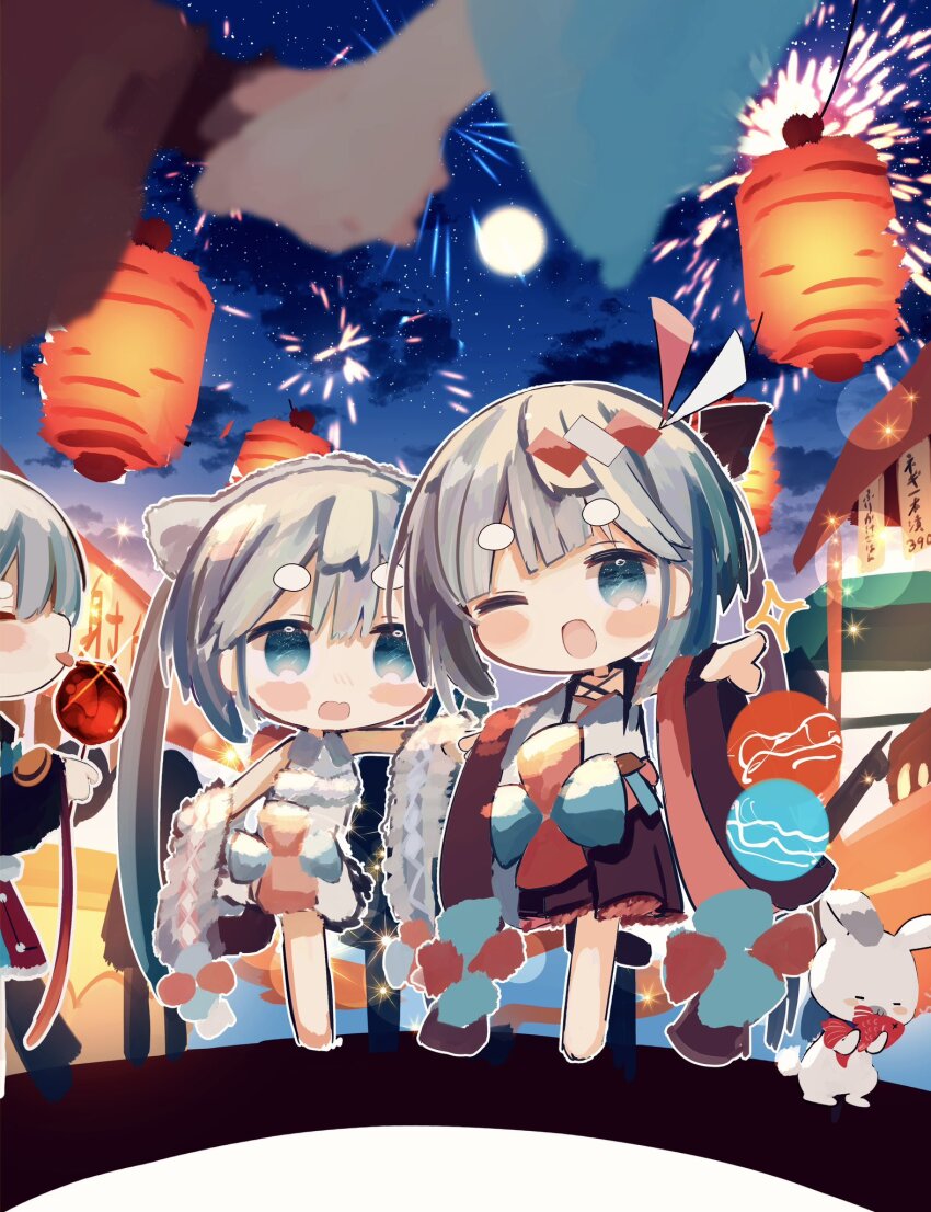 3girls aerial_fireworks animal aqua_eyes aqua_hair black_skirt blush_stickers candy_apple chibi closed_eyes commentary detached_sleeves dress eating festival fireworks fish food food_stand full_moon fur-trimmed_dress fur-trimmed_headwear fur-trimmed_sleeves fur_trim hatsune_miku highres holding holding_animal holding_fish holding_hands japanese_clothes kimono lantern lens_flare licking long_hair magical_mirai_(vocaloid) magical_mirai_miku magical_mirai_miku_(2018) magical_mirai_miku_(2020_summer) magical_mirai_miku_(2020_winter) moon multiple_girls night one_eye_closed open_mouth out_of_frame outdoors outstretched_arm paper_lantern pink_sleeves pointing rabbit_yukine skirt sky smile sparkle standing star_(sky) star_(symbol) starry_sky syare_0603 tongue tongue_out twintails very_long_hair vocaloid wide_sleeves yukata