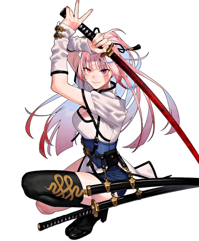 1girl absurdres arm_over_head belt black_footwear blunt_bangs breasts china_dress chinese_clothes cleavage clothing_cutout corset dress gokurakugai gradient_hair hair_ribbon high_heels highres holding holding_sword holding_weapon katana light_smile lips looking_at_viewer multicolored_hair nei_takarai_(gokurakugai) official_art orange_eyes pelvic_curtain pink_hair ponytail puffy_sleeves ribbon shorts sidelocks single_thighhigh smile snake_print solo squatting sword tassel thighhighs third-party_edit third-party_extraction third-party_source weapon wrist_guards