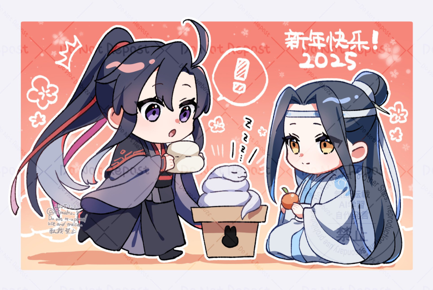 ! 2boys :o ^^^ ahoge animal black_boots black_hair black_hanfu blush boots border box chibi chibi_only chinese_clothes chinese_new_year chinese_text closed_mouth dated flower food fruit full_body hair_ribbon hanfu happy_new_year headband high_ponytail highres holding holding_food holding_fruit holding_orange kimako_(kimako_8) lan_wangji long_hair long_sleeves looking_at_another male_focus mochi modao_zushi multiple_boys new_year open_mouth outside_border parted_bangs ponytail purple_eyes red_ribbon ribbon robe sash sidelocks sitting sleeves_past_wrists smile snake spoken_exclamation_mark standing topknot twitter_username very_long_hair walking watermark wei_wuxian white_border white_hanfu white_headband white_snake wide_sleeves xiao_guan_(headdress) yellow_eyes zzz